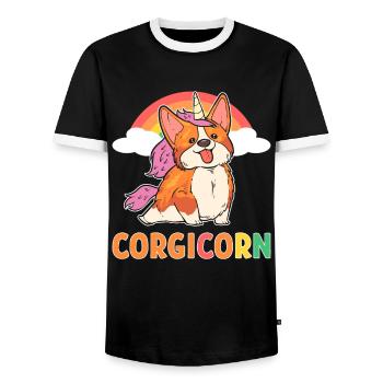 Corgicorn Welsh Corgi Unicorn Dog - Men's Ringer Shirt - black/white - Front - AI Model Female 172 light (172cm) & AI Model Male 178 light (178cm)