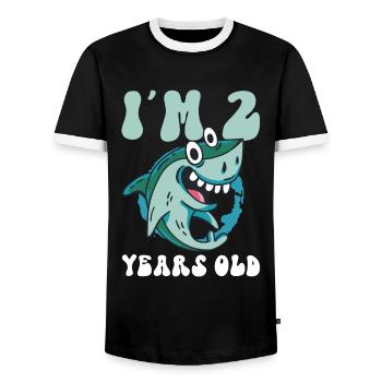 The Little Megalodon Hunter is 2 - Megalodon Shark - Men's Ringer Shirt - black/white - Front - AI Model Female 172 light (172cm) & AI Model Male 178 light (178cm)