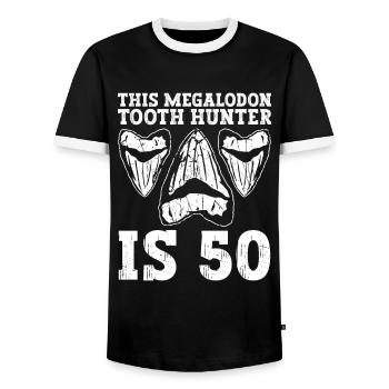 This Megalodon Tooth Hunter Turns 50 - Megalodon Shark - Men's Ringer Shirt - black/white - Front - AI Model Female 172 light (172cm) & AI Model Male 178 light (178cm)