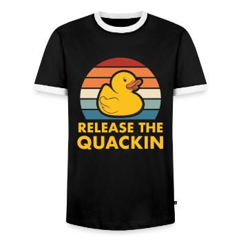 Release The Quackin Quietscheente Gummiente - Männer Kontrast-T-Shirt - Schwarz/Weiß - Vorne - AI Model Female 172 light (172cm) & AI Model Male 178 light (178cm)