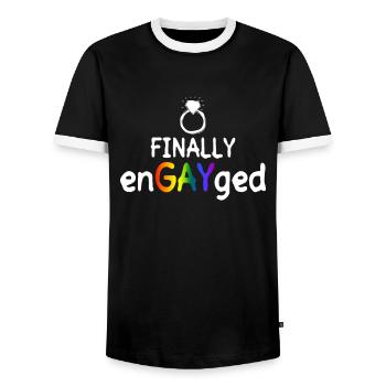 Finally EnGAYged - Gay Bachelor Party - Men's Ringer Shirt - black/white - Front - AI Model Female 172 light (172cm) & AI Model Male 178 light (178cm)