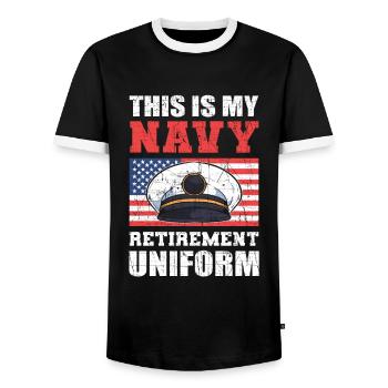 This Is My Navy Retirement Uniform U.S. Military - Men's Ringer Shirt - black/white - Front - AI Model Female 172 light (172cm) & AI Model Male 178 light (178cm)