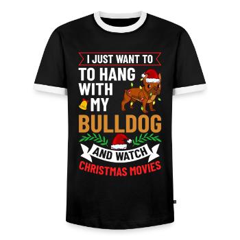 Chien Bulldog anglais Chiots Noël - T-shirt contrasté Homme - noir/blanc - Devant - AI Model Female 172 light (172cm) & AI Model Male 178 light (178cm)