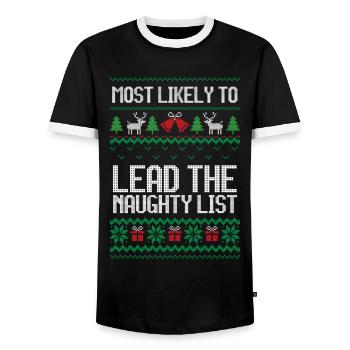 Most likely to lead the naughty list christmas - Men's Ringer Shirt - black/white - Front - AI Model Female 172 light (172cm) & AI Model Male 178 light (178cm)
