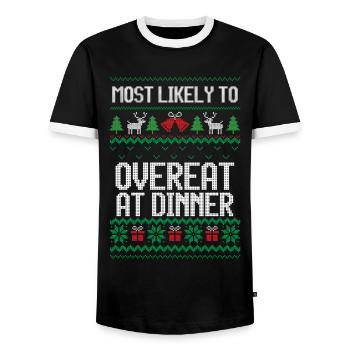 Most likely to overeat at dinner ugly christmas - Men's Ringer Shirt - black/white - Front - AI Model Female 172 light (172cm) & AI Model Male 178 light (178cm)
