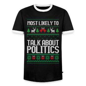 Le plus susceptible de parler de politique noël laid - T-shirt contrasté Homme - noir/blanc - Devant - AI Model Female 172 light (172cm) & AI Model Male 178 light (178cm)