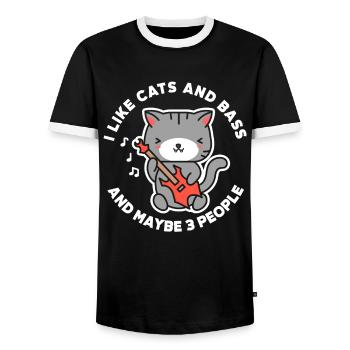 Guitar Cat Bass Guitar - Men's Ringer Shirt - black/white - Front - AI Model Female 172 light (172cm) & AI Model Male 178 light (178cm)