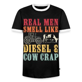 Echte Männer riechen nach Diesel und Kuhmist, lustig - Männer Kontrast-T-Shirt - Schwarz/Weiß - Vorne - AI Model Female 172 light (172cm) & AI Model Male 178 light (178cm)