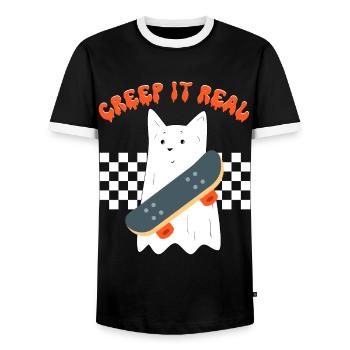 Creep it real, funny ghost cat, halloween costume - Men's Ringer Shirt - black/white - Front - AI Model Female 172 light (172cm) & AI Model Male 178 light (178cm)