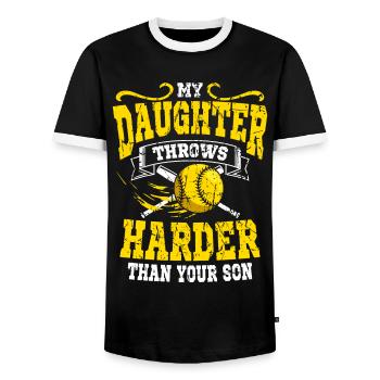My daughter throws baseball harder than your son - Men's Ringer Shirt - black/white - Front - AI Model Female 172 light (172cm) & AI Model Male 178 light (178cm)