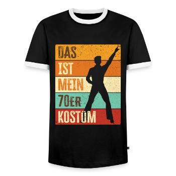 70er Jahre Party Outfit 1970er Siebziger Kostüm - Männer Kontrast-T-Shirt - Schwarz/Weiß - Vorne - AI Model Female 172 light (172cm) & AI Model Male 178 light (178cm)