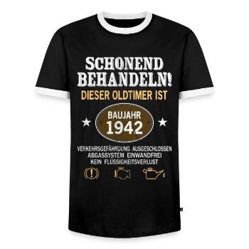 Schonend Behandeln Oldtimer Baujahr 1942 Geboren - Männer Kontrast-T-Shirt - Schwarz/Weiß - Vorne - AI Model Female 172 light (172cm) & AI Model Male 178 light (178cm)