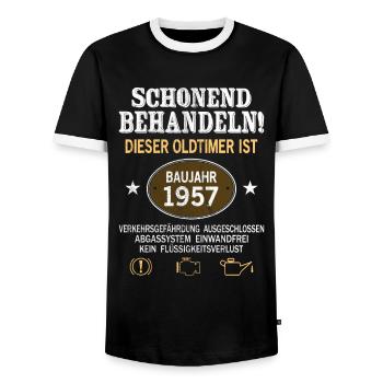 Schonend Behandeln Oldtimer Baujahr 1957 Geboren - Männer Kontrast-T-Shirt - Schwarz/Weiß - Vorne - AI Model Female 172 light (172cm) & AI Model Male 178 light (178cm)