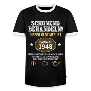 Schonend Behandeln Oldtimer Baujahr 1948 Geboren - Männer Kontrast-T-Shirt - Schwarz/Weiß - Vorne - AI Model Female 172 light (172cm) & AI Model Male 178 light (178cm)