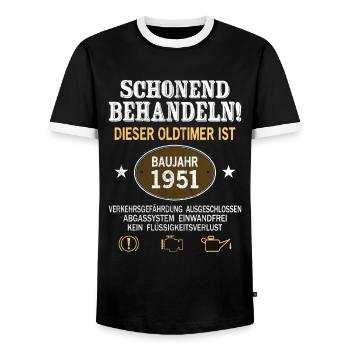 Schonend Behandeln Oldtimer Baujahr 1951 Geboren - Männer Kontrast-T-Shirt - Schwarz/Weiß - Vorne - AI Model Female 172 light (172cm) & AI Model Male 178 light (178cm)