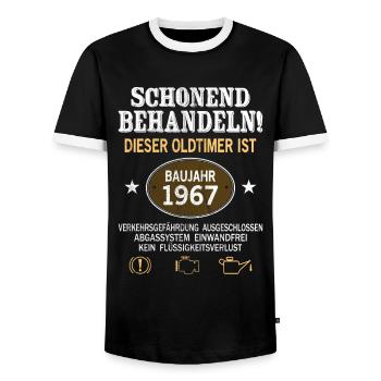 Schonend Behandeln Oldtimer Baujahr 1967 Geboren - Männer Kontrast-T-Shirt - Schwarz/Weiß - Vorne - AI Model Female 172 light (172cm) & AI Model Male 178 light (178cm)