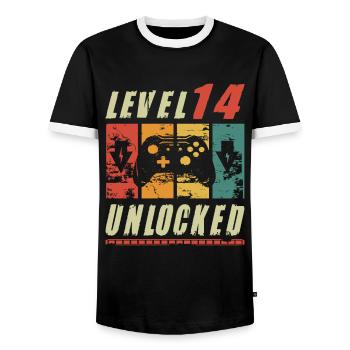 Level 14 Unlocked Gamer Turning 14th Birthday Gift - Männer Kontrast-T-Shirt - Schwarz/Weiß - Vorne - AI Model Female 172 light (172cm) & AI Model Male 178 light (178cm)