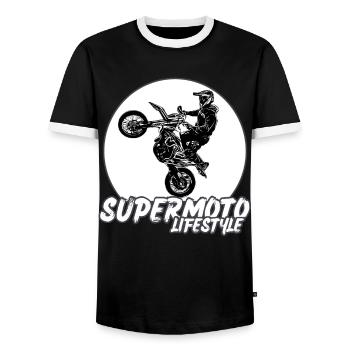Supermoto / Supermotard / Supermoto Wheelie Biker - Men's Ringer Shirt - black/white - Front - AI Model Female 172 light (172cm) & AI Model Male 178 light (178cm)