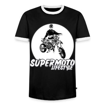 Supermoto / Supermotard / Supermoto Wheelie Biker - Men's Ringer Shirt - black/white - Front - AI Model Female 172 light (172cm) & AI Model Male 178 light (178cm)