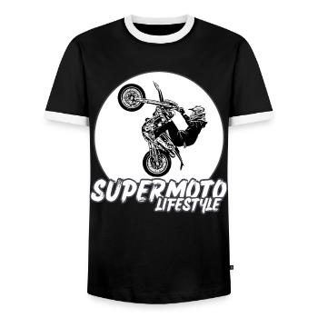 Supermoto / Supermotard / Supermoto Wheelie Biker - Men's Ringer Shirt - black/white - Front - AI Model Female 172 light (172cm) & AI Model Male 178 light (178cm)