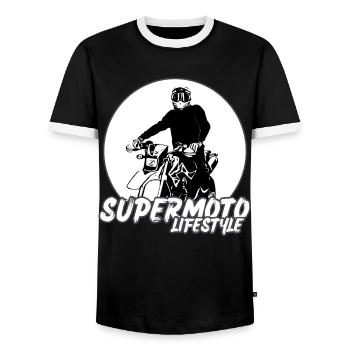 Supermoto / Supermotard / Supermoto Wheelie Biker - T-shirt contrasté Homme - noir/blanc - Devant - AI Model Female 172 light (172cm) & AI Model Male 178 light (178cm)