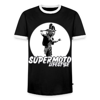 Supermoto / Supermotard / Supermoto Wheelie Biker - Men's Ringer Shirt - black/white - Front - AI Model Female 172 light (172cm) & AI Model Male 178 light (178cm)