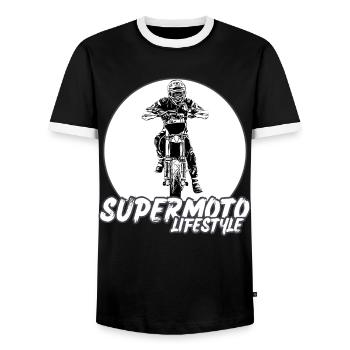 Supermoto / Supermotard / Supermoto Wheelie Biker - Men's Ringer Shirt - black/white - Front - AI Model Female 172 light (172cm) & AI Model Male 178 light (178cm)
