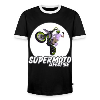 Supermoto / Supermotard / Supermoto Wheelie Biker - Men's Ringer Shirt - black/white - Front - AI Model Female 172 light (172cm) & AI Model Male 178 light (178cm)