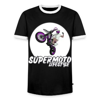 Supermoto / Supermotard / Supermoto Wheelie Biker - Men's Ringer Shirt - black/white - Front - AI Model Female 172 light (172cm) & AI Model Male 178 light (178cm)
