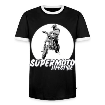 Supermoto / Supermotard / Supermoto Wheelie Biker - Men's Ringer Shirt - black/white - Front - AI Model Female 172 light (172cm) & AI Model Male 178 light (178cm)