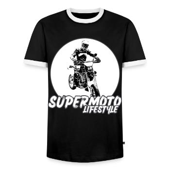 Supermoto / Supermotard / Supermoto Wheelie Biker - Men's Ringer Shirt - black/white - Front - AI Model Female 172 light (172cm) & AI Model Male 178 light (178cm)