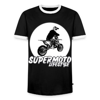 Supermoto / Supermotard / Supermoto Wheelie Biker - Men's Ringer Shirt - black/white - Front - AI Model Female 172 light (172cm) & AI Model Male 178 light (178cm)