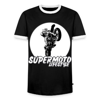 Supermoto / Supermotard / Supermoto Wheelie Biker - Men's Ringer Shirt - black/white - Front - AI Model Female 172 light (172cm) & AI Model Male 178 light (178cm)