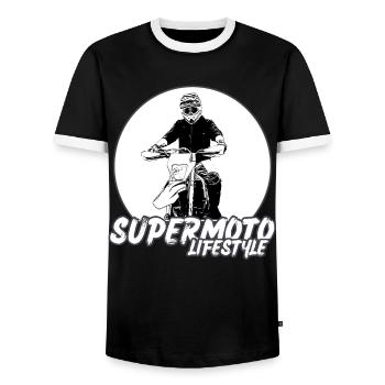 Supermoto / Supermotard / Supermoto Wheelie Biker - Men's Ringer Shirt - black/white - Front - AI Model Female 172 light (172cm) & AI Model Male 178 light (178cm)