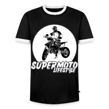 Supermoto / Supermotard / Supermoto Wheelie Biker - T-shirt contrasté Homme - noir/blanc - Devant - AI Model Female 172 light (172cm) & AI Model Male 178 light (178cm)