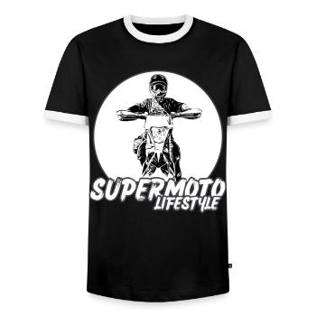 Supermoto / Supermotard / Supermoto Wheelie Biker - Men's Ringer Shirt - black/white - Front - AI Model Female 172 light (172cm) & AI Model Male 178 light (178cm)