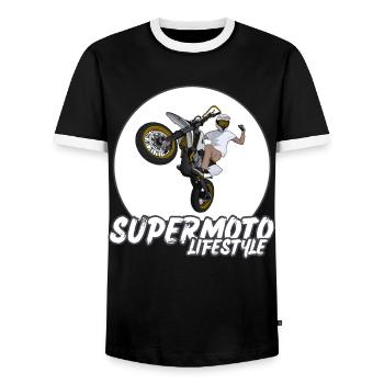 Supermoto / Supermotard / Supermoto Wheelie Biker - Men's Ringer Shirt - black/white - Front - AI Model Female 172 light (172cm) & AI Model Male 178 light (178cm)