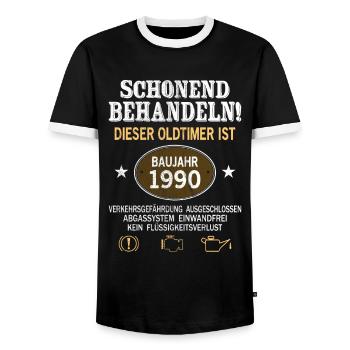 Schonend Behandeln Oldtimer Baujahr 1990 Geboren - Männer Kontrast-T-Shirt - Schwarz/Weiß - Vorne - AI Model Female 172 light (172cm) & AI Model Male 178 light (178cm)