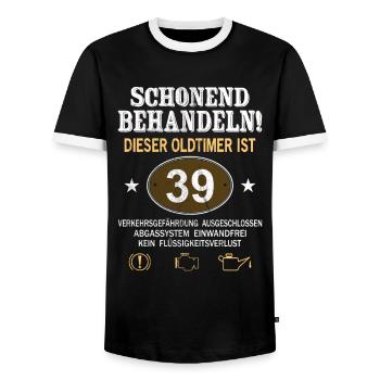 Schonend Behandeln Oldtimer Ist 39 Jahre 39. - Männer Kontrast-T-Shirt - Schwarz/Weiß - Vorne - AI Model Female 172 light (172cm) & AI Model Male 178 light (178cm)