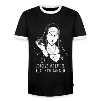 Gin Saying Forgive Me Father For I Have Ginned - Men's Ringer Shirt - black/white - Front - AI Model Female 172 light (172cm) & AI Model Male 178 light (178cm)