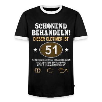 Schonend Behandeln Oldtimer Ist 51 Jahre 51. - Männer Kontrast-T-Shirt - Schwarz/Weiß - Vorne - AI Model Female 172 light (172cm) & AI Model Male 178 light (178cm)