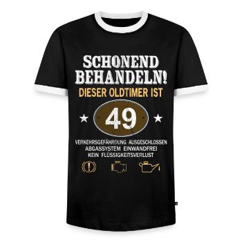 Schonend Behandeln Oldtimer Ist 49 Jahre 49. - Männer Kontrast-T-Shirt - Schwarz/Weiß - Vorne - AI Model Female 172 light (172cm) & AI Model Male 178 light (178cm)