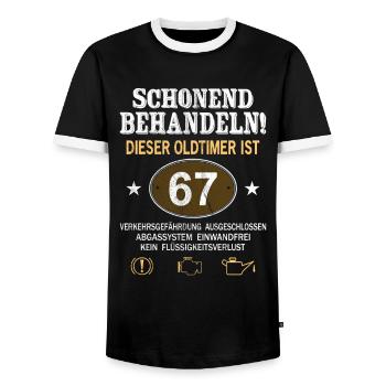 Schonend Behandeln Oldtimer Ist 67 Jahre 67. - Männer Kontrast-T-Shirt - Schwarz/Weiß - Vorne - AI Model Female 172 light (172cm) & AI Model Male 178 light (178cm)
