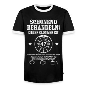 Schonend Behandeln Oldtimer Ist 47 Jahre 47. - Männer Kontrast-T-Shirt - Schwarz/Weiß - Vorne - AI Model Female 172 light (172cm) & AI Model Male 178 light (178cm)