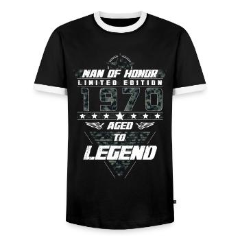 Man of Honor Year of Birth 1970 Camouflage Gift - Men's Ringer Shirt - black/white - Front - AI Model Female 172 light (172cm) & AI Model Male 178 light (178cm)