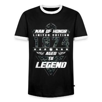 Man of Honor Year of Birth 1974 Camouflage Gift - Men's Ringer Shirt - black/white - Front - AI Model Female 172 light (172cm) & AI Model Male 178 light (178cm)