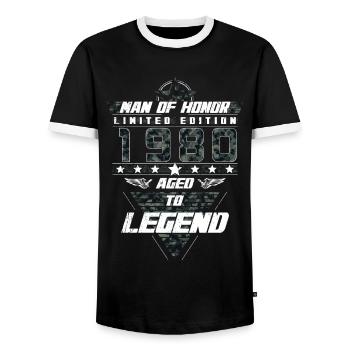 Man of Honor Year of Birth 1980 Camouflage Gift - Men's Ringer Shirt - black/white - Front - AI Model Female 172 light (172cm) & AI Model Male 178 light (178cm)