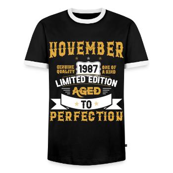 Anniversaire Novembre 1987 né Vintage - T-shirt contrasté Homme - noir/blanc - Devant - AI Model Female 172 light (172cm) & AI Model Male 178 light (178cm)