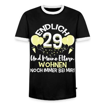 Endlich 29 Meine Eltern Wohnen noch immer bei mir - Männer Kontrast-T-Shirt - Schwarz/Weiß - Vorne - AI Model Female 172 light (172cm) & AI Model Male 178 light (178cm)
