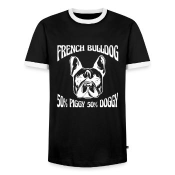 50% Piggy 50% Doggy, Drôle Français Bulldog - T-shirt contrasté Homme - noir/blanc - Devant - AI Model Female 172 light (172cm) & AI Model Male 178 light (178cm)